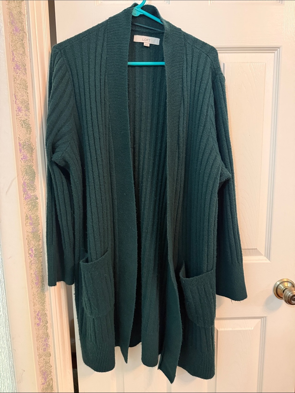 LOFT Dark Teal Open-Front Ribbed Cardigan with Pockets